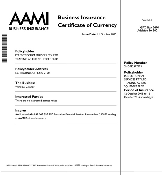 1300 Squeegee Certificate Of Insurance